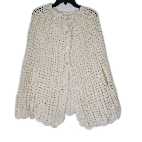 Vtg crocheted poncho shawl button front grandma hippie one size ivory arm holes - Picture 1 of 14